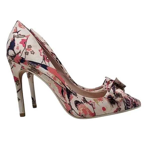 Store Display New TED BAKER  Natural Floral Print Bow Pump Heels  37.5/7.5M - Picture 2 of 3